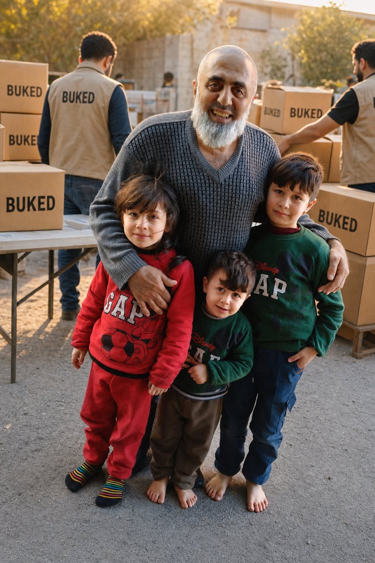 Yardım kolilerinin yanında bir baba ve çocukları