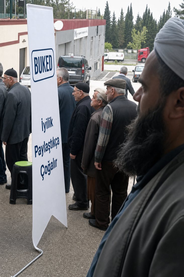 Dışarıda BUKED pankartı önünde sırada bekleyen bir grup yetişkin